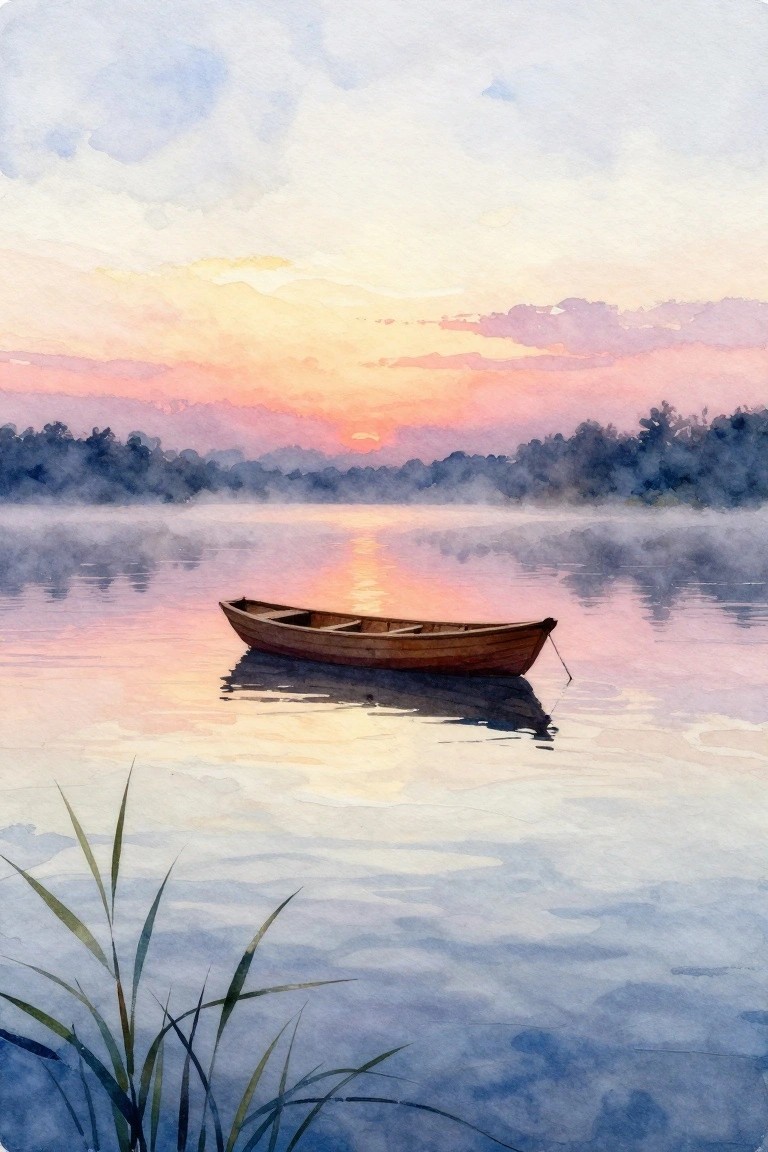 Wooden rowboat on misty lake reflecting pink-orange sunset with foreground reeds
