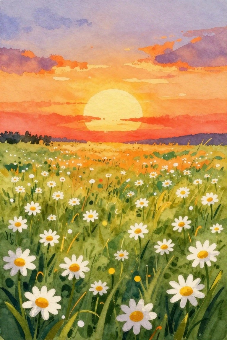 Watercolor sunset with orange-purple sky over meadow of white daisies