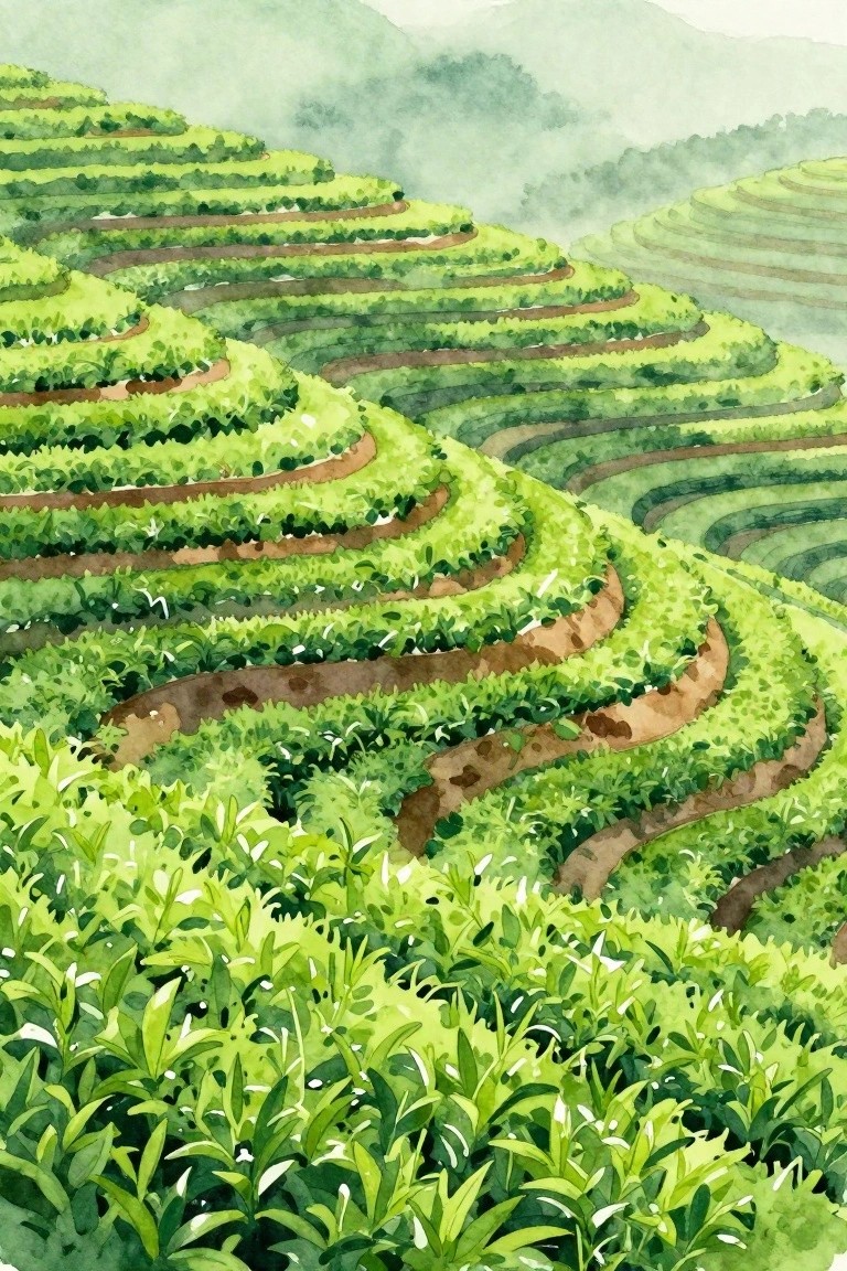 A watercolor-style painting of lush green terraced fields winding across misty hills with brown paths between the layers.