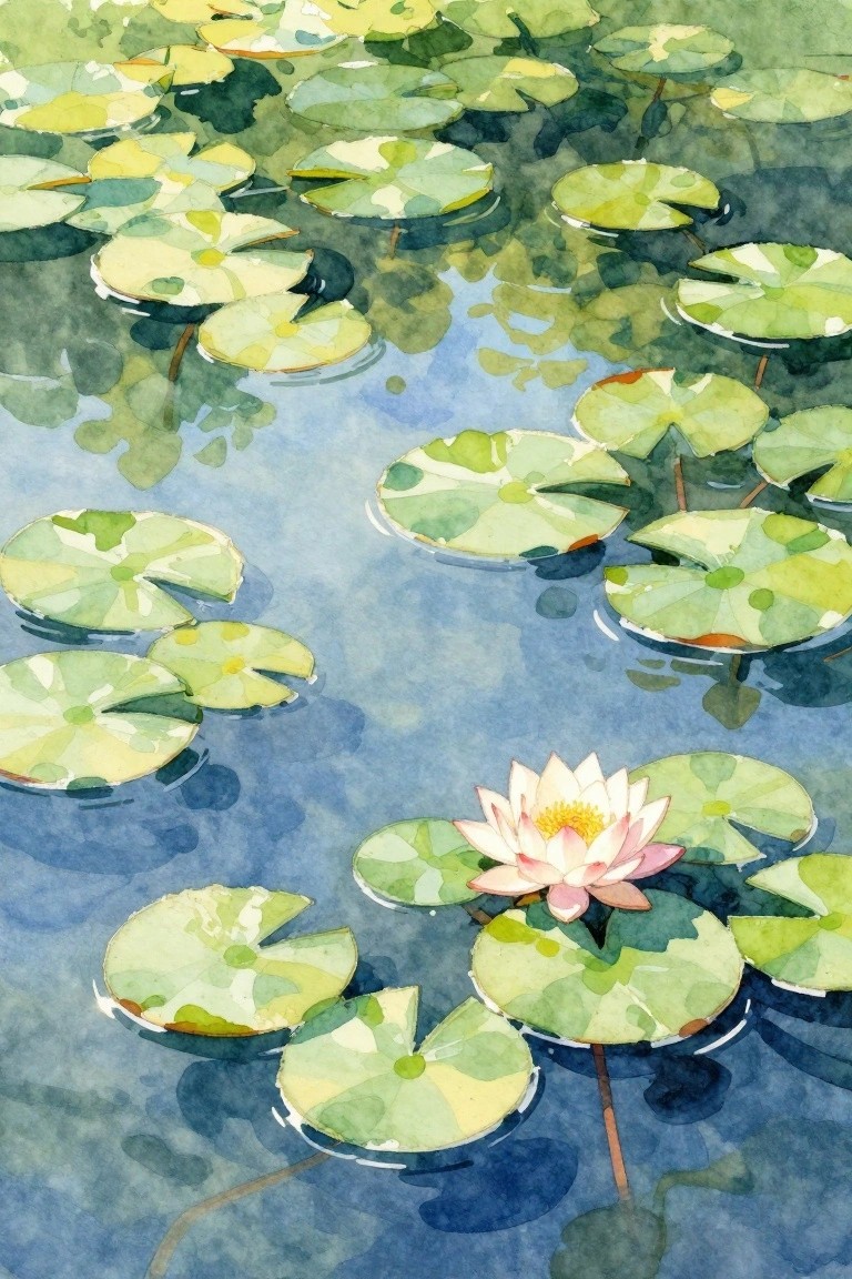 A watercolor painting of green lily pads and a pink and white lotus flower floating on blue water.