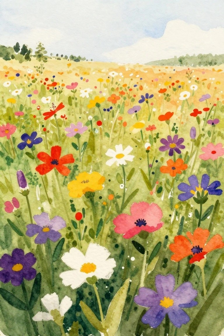 A watercolor painting of a colorful wildflower meadow filled with red, yellow, purple, and white blooms, a red dragonfly, and distant green hills under a light sky.