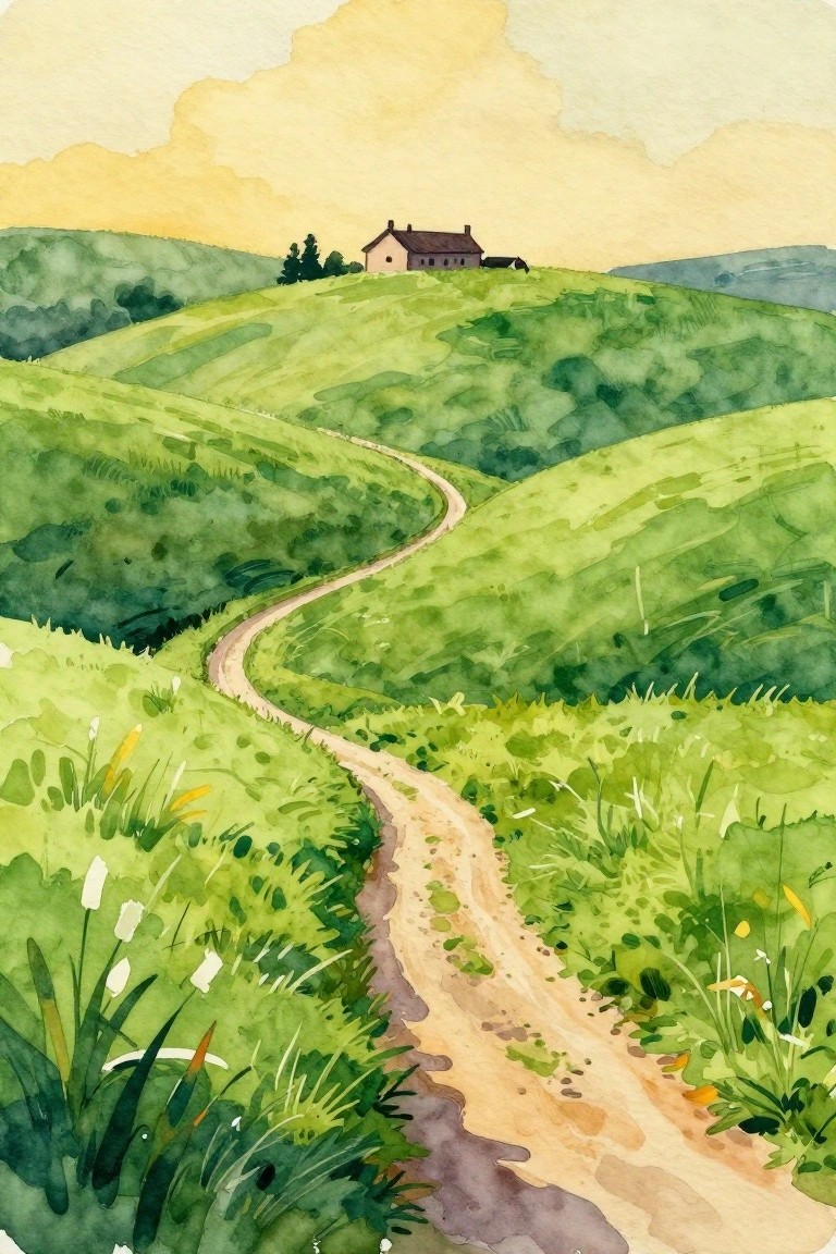 A watercolor painting of a winding dirt path through green rolling hills leading to a small house on a hill under a pale yellow sky.