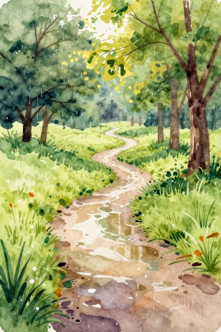 A watercolor painting of a winding muddy path with puddles through a rainy green forest with trees on both sides.