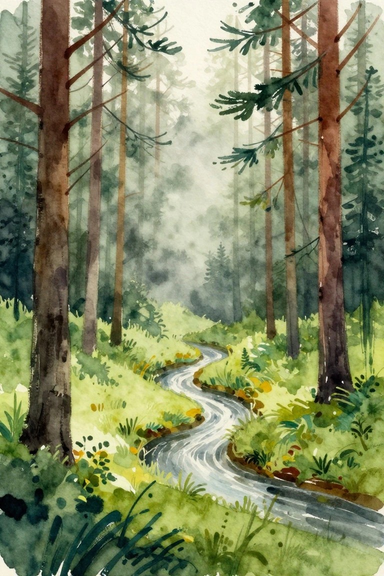Watercolor painting of a winding stream through tall pine trees in a misty green forest.