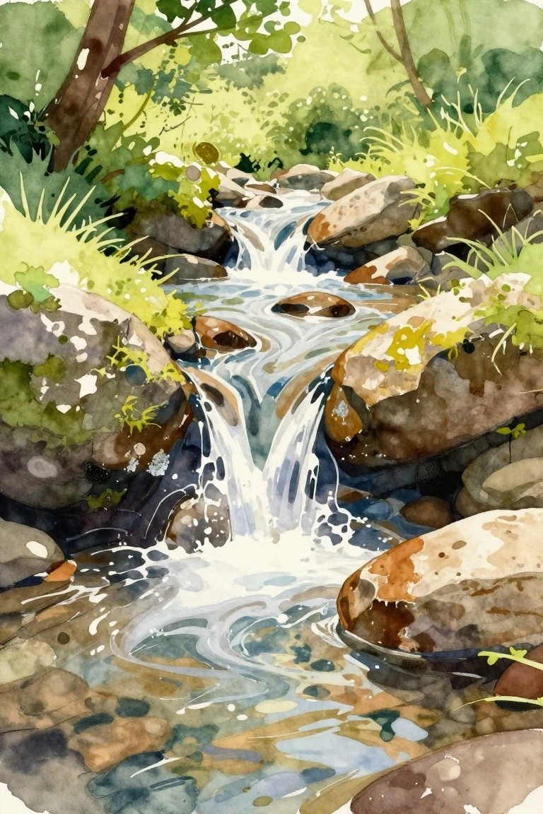 A watercolor painting of a stream flowing over rocks in a green forest setting.