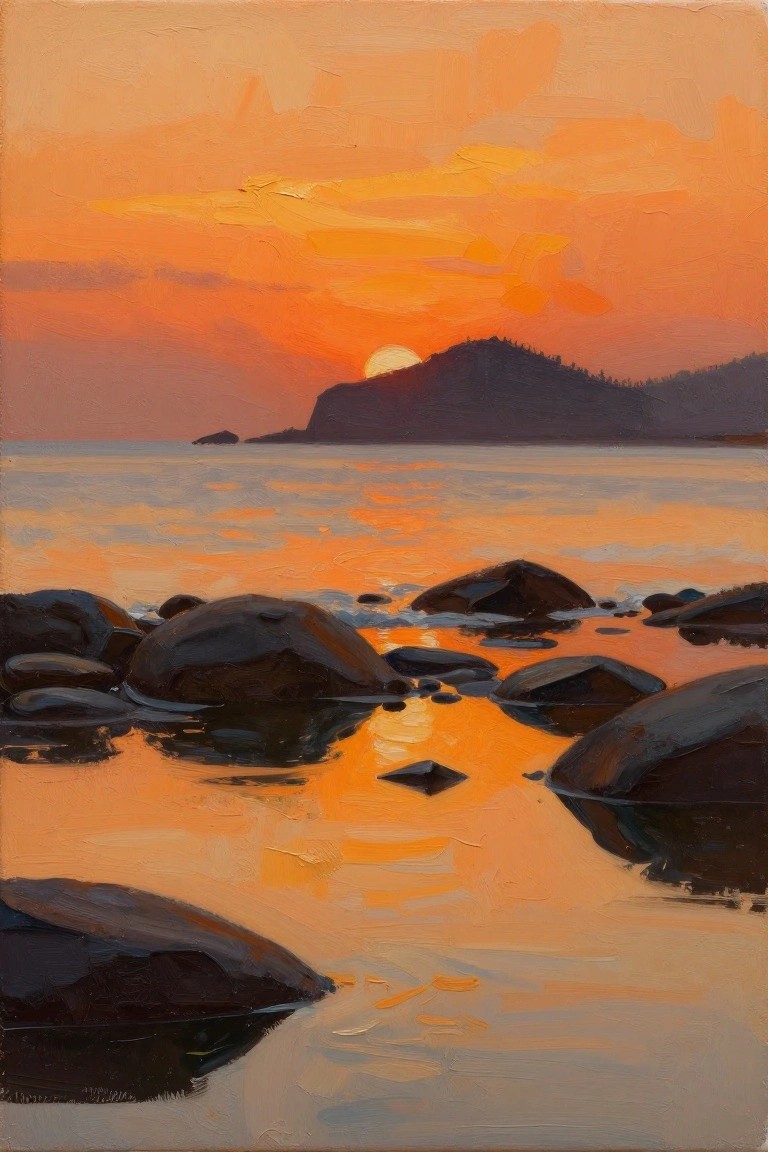 Oil painting of vibrant sunset over ocean with dark rocks and distant hill