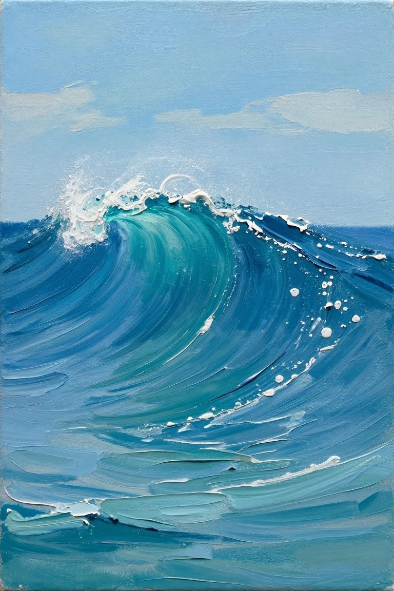 Thickly textured painting of a curling blue wave with white foam crests under sky.