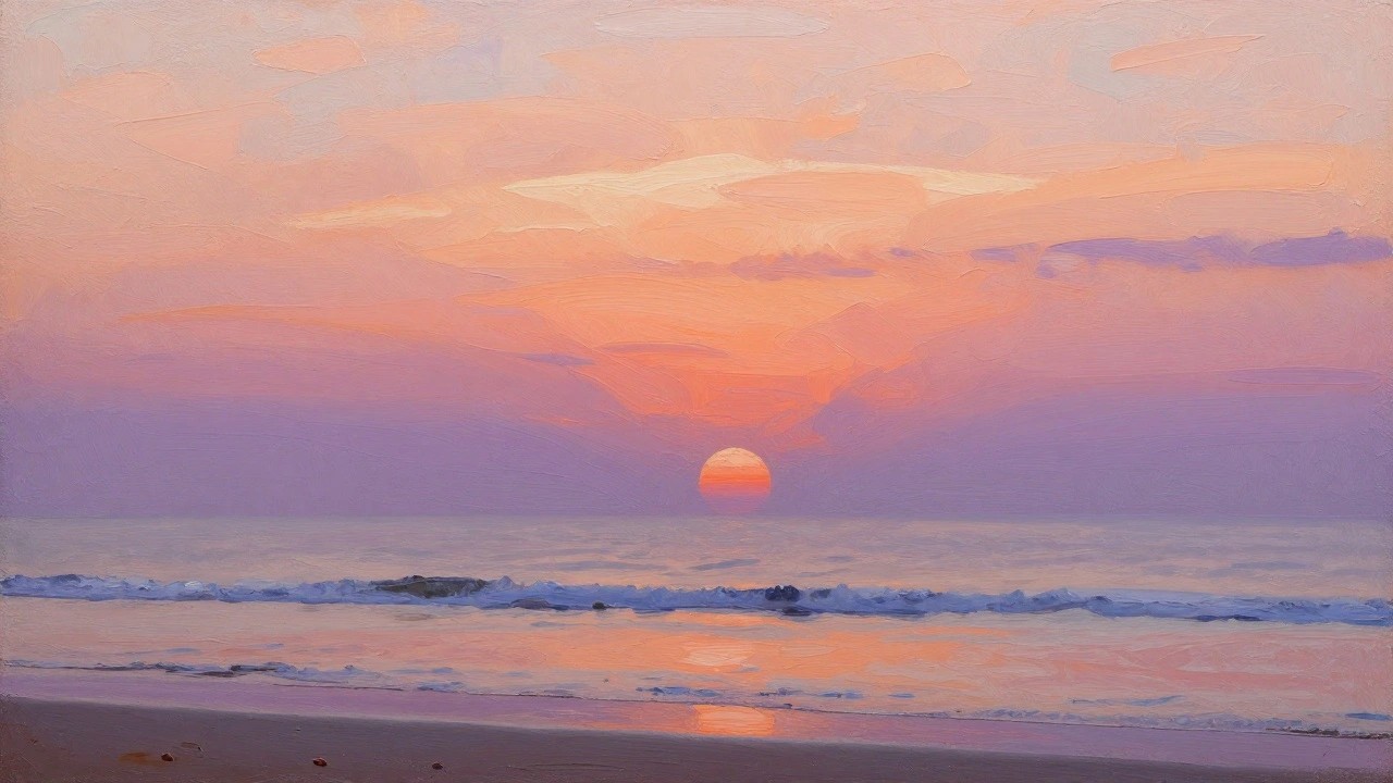 Vibrant oil painting of ocean sunset with glowing sun reflecting on purple waves