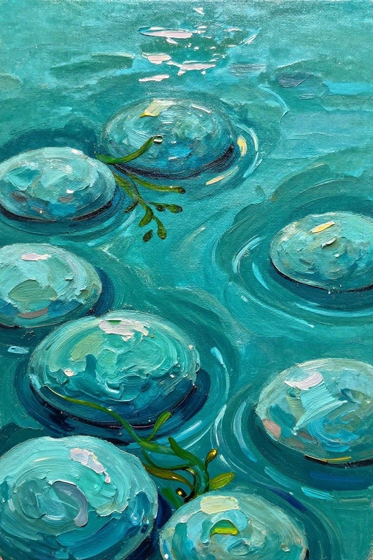 Several circular lily pads with green stems on vibrant turquoise water in painterly style.
