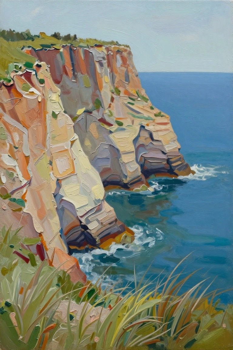 Textured painting of layered cliffs by blue ocean with white waves crashing below