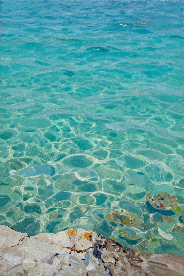 Turquoise rippling water over colorful rocks with sunlight reflections in painting.