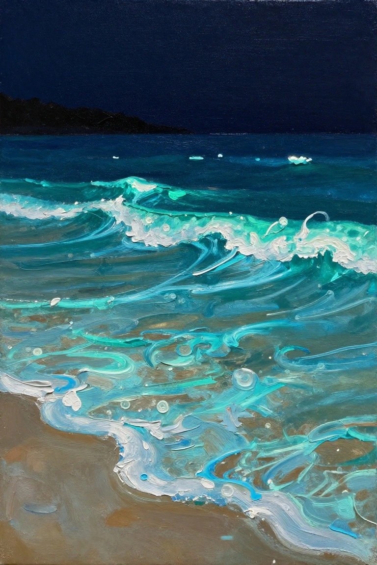 Oil painting of turquoise waves crashing on sandy beach under dark blue sky