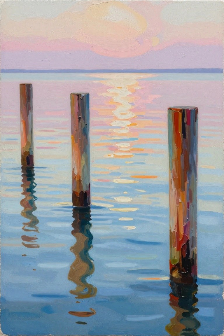 Three wooden posts reflected in calm water under a pastel sunset sky