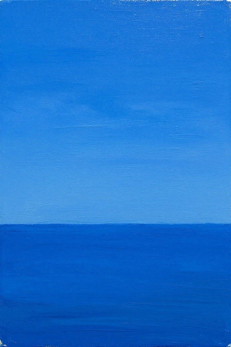 Acrylic painting of a blue ocean scene with a lighter sky above a darker sea divided by a straight horizontal line.