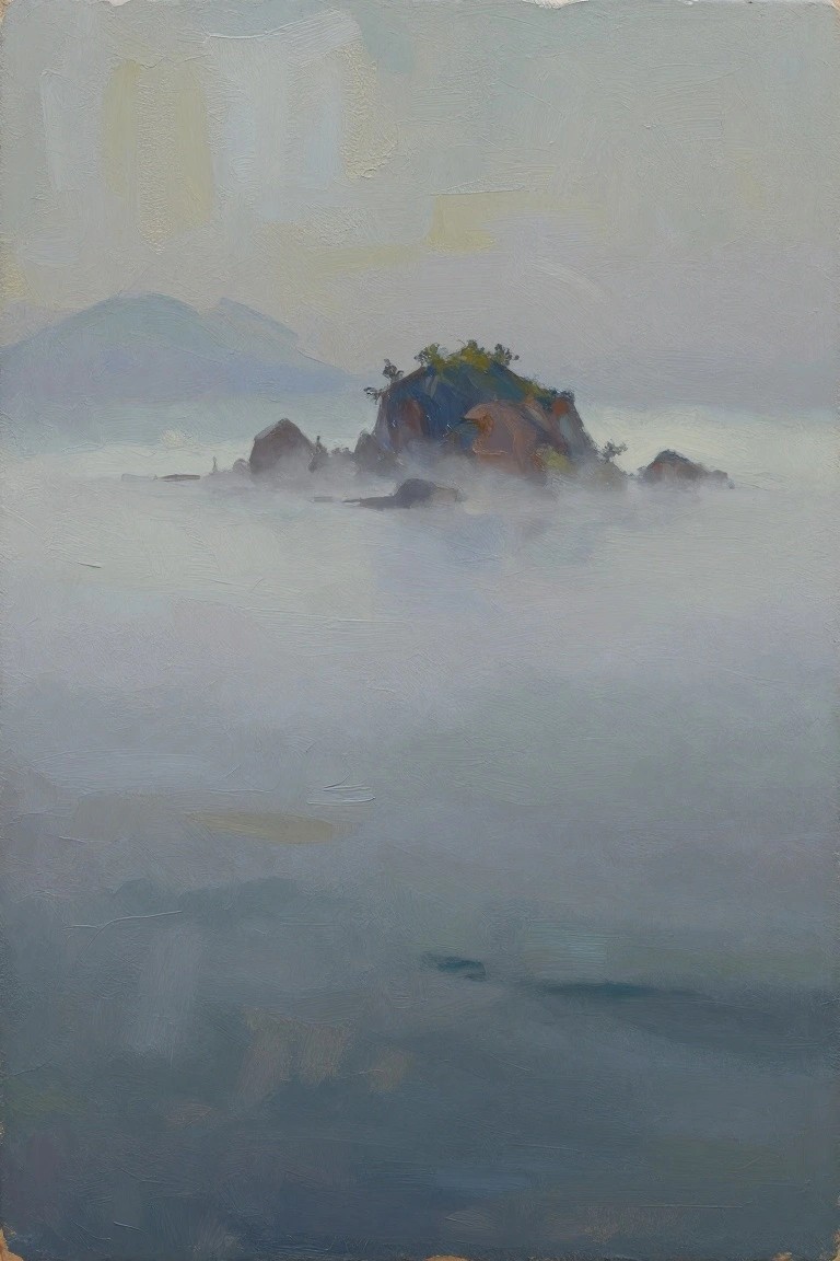 An acrylic painting depicts several rocky outcrops partially obscured by dense fog above a calm sea, with faint mountains in the background.
