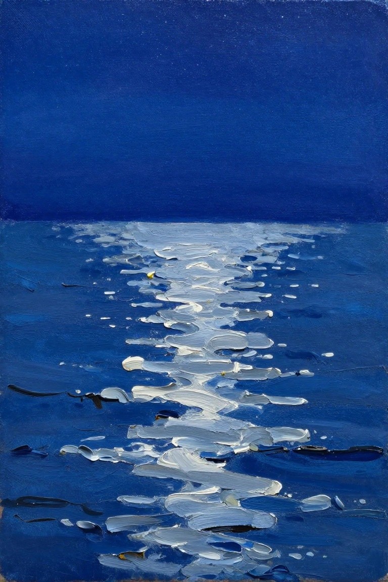 An acrylic painting of a dark blue ocean under a matching sky with a central path of white and light blue brushstrokes suggesting a reflection on the water.