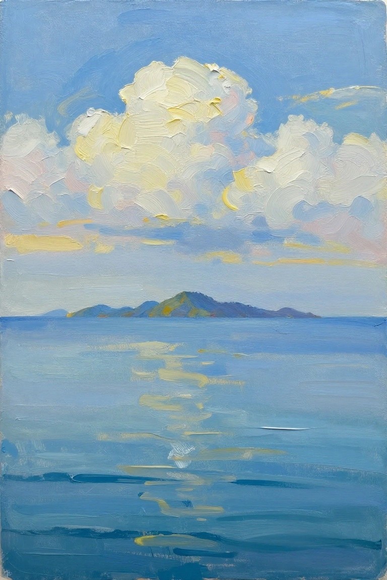 Impressionist oil painting of calm blue sea with cloud reflections and distant hills