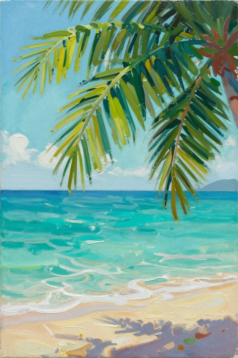 Green palm fronds over turquoise waves lapping sandy beach under blue sky
