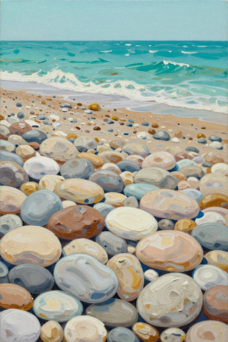 Pebbles of various colors and sizes line a sandy beach with turquoise waves