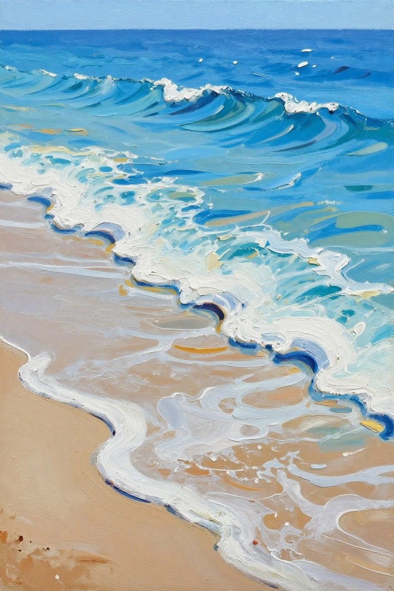 Blue waves with white foam rolling onto a tan sandy beach, oil painting style