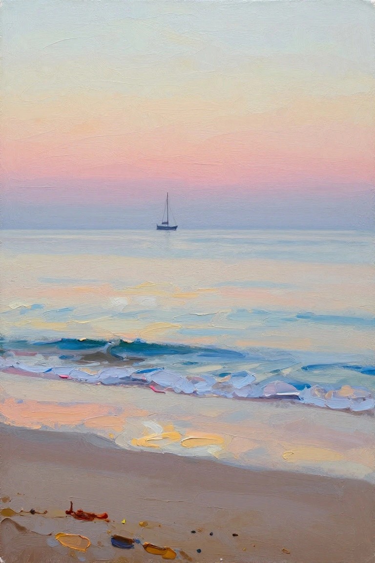 Painted beach at sunset with distant sailboat, gentle waves, and pastel sky