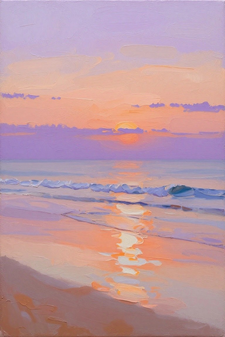 Vibrant oil painting of ocean sunset with glowing sun reflecting on purple waves
