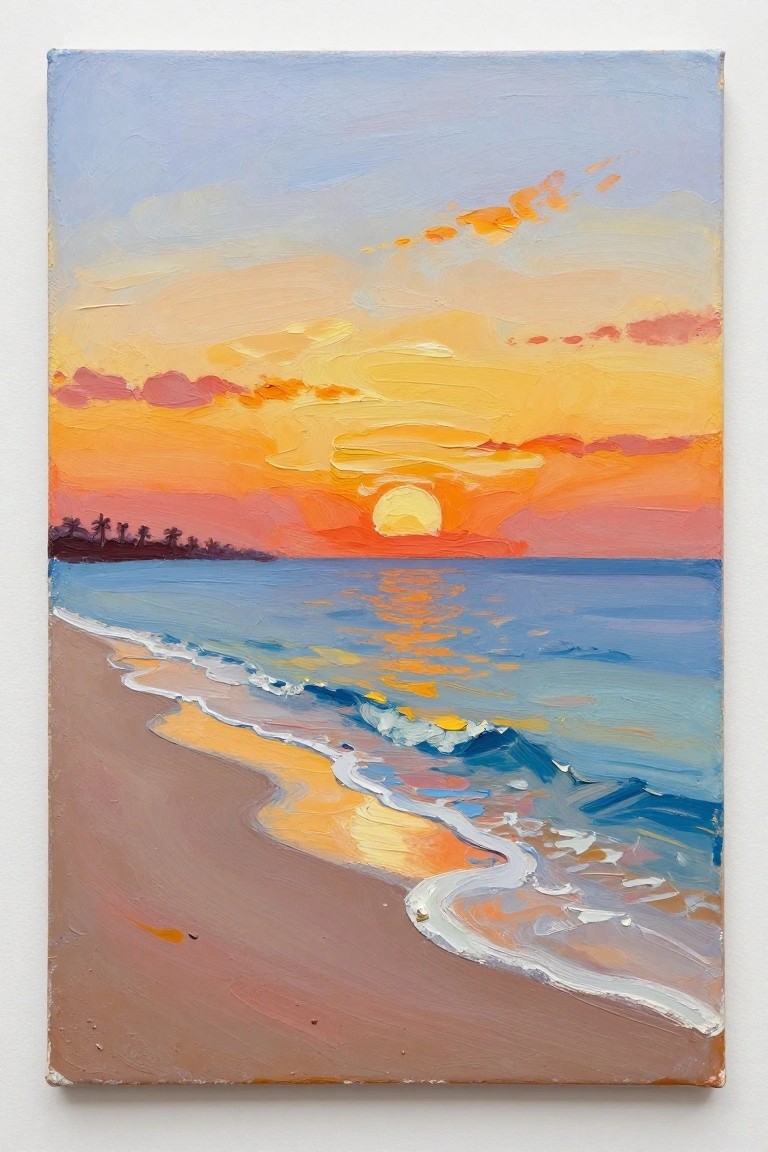 Colorful oil painting of sunset over ocean with waves on sandy beach and palm trees