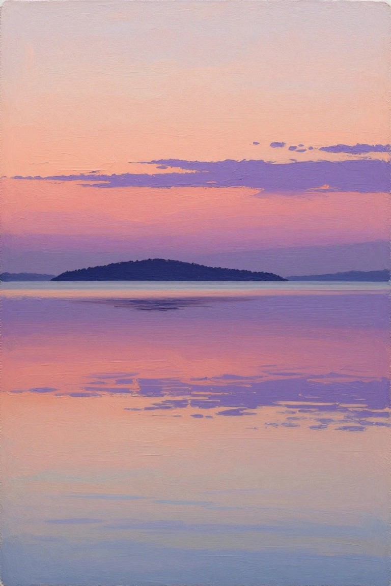 Serene sunset painting with pink-purple skies, calm reflective waters, and dark island silhouette.