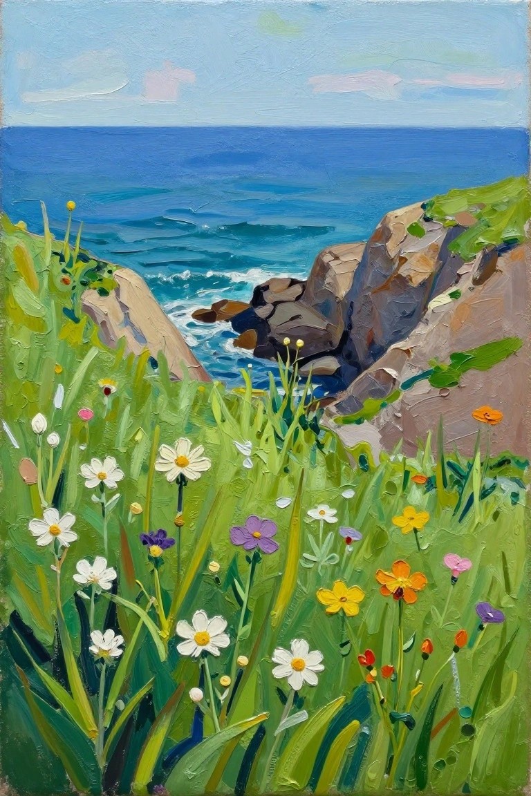 An acrylic painting shows white, yellow, orange, and purple wildflowers growing on a green cliff above blue ocean water with brown rocks visible along the shore.
