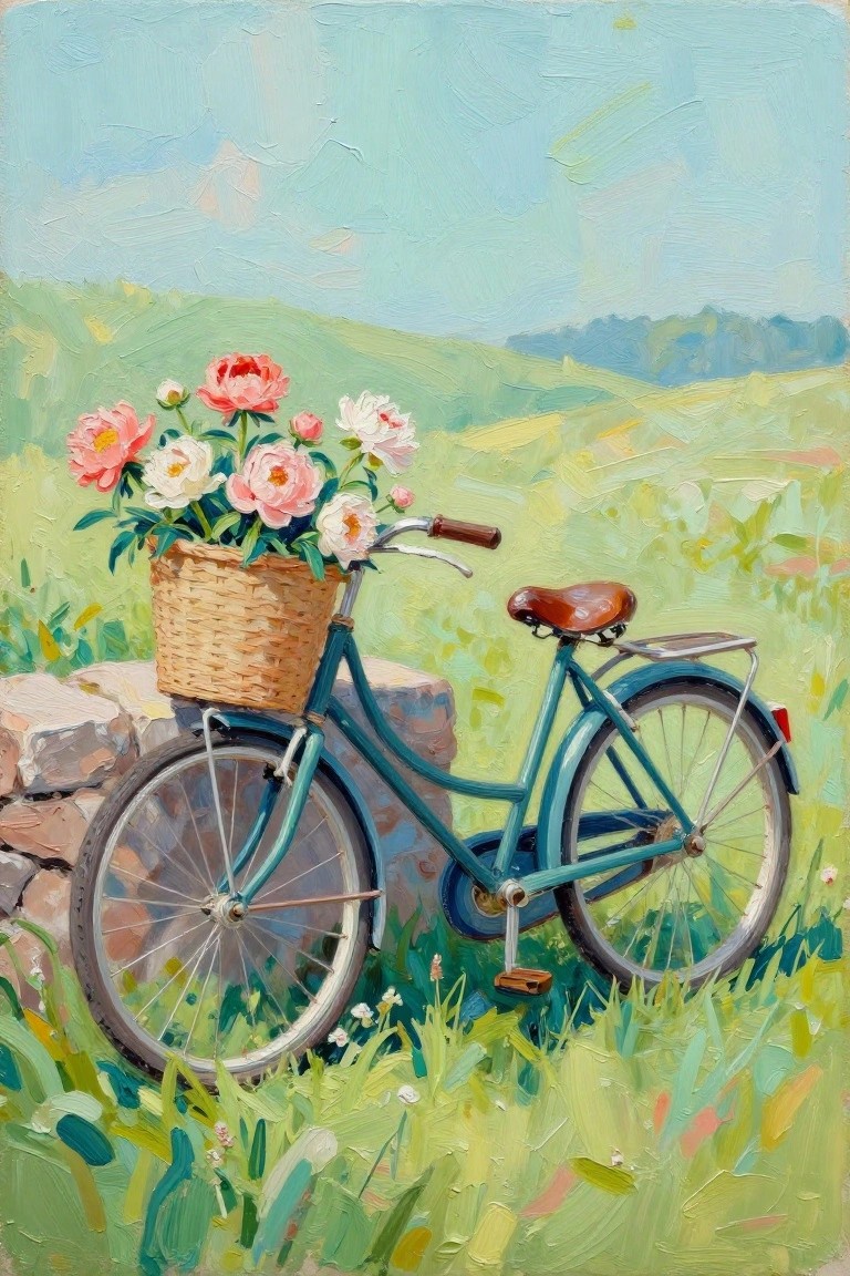 Teal bicycle with basket of pink peonies against stone wall in grassy meadow