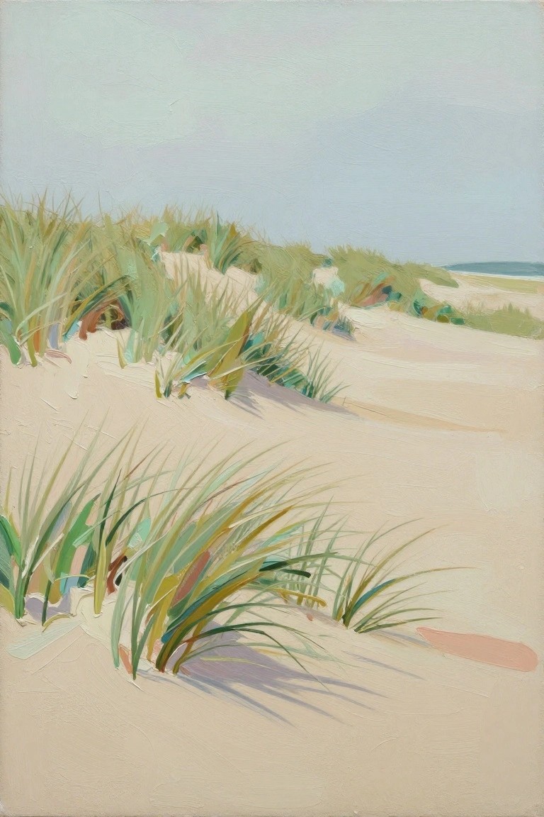 Sandy dunes with windswept green grass leading to distant ocean under pale sky.