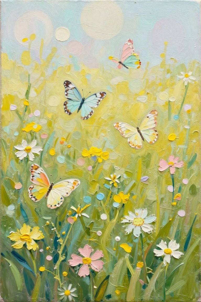 Colorful butterflies flutter over wildflowers in a vibrant textured meadow painting.