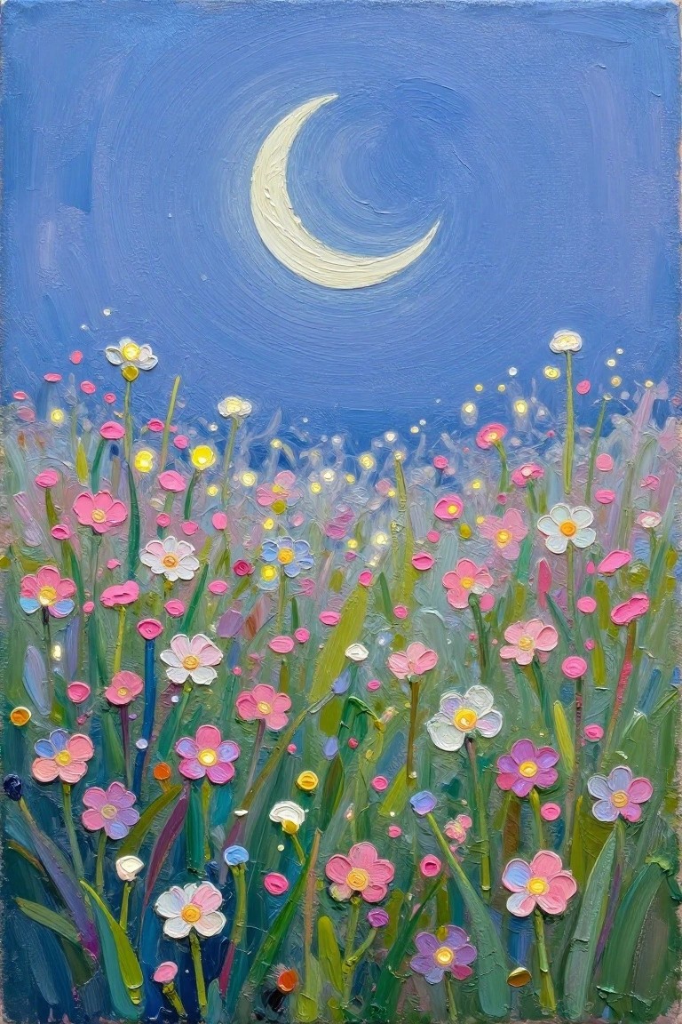Vibrant painting of a crescent moon above a meadow of colorful glowing wildflowers.