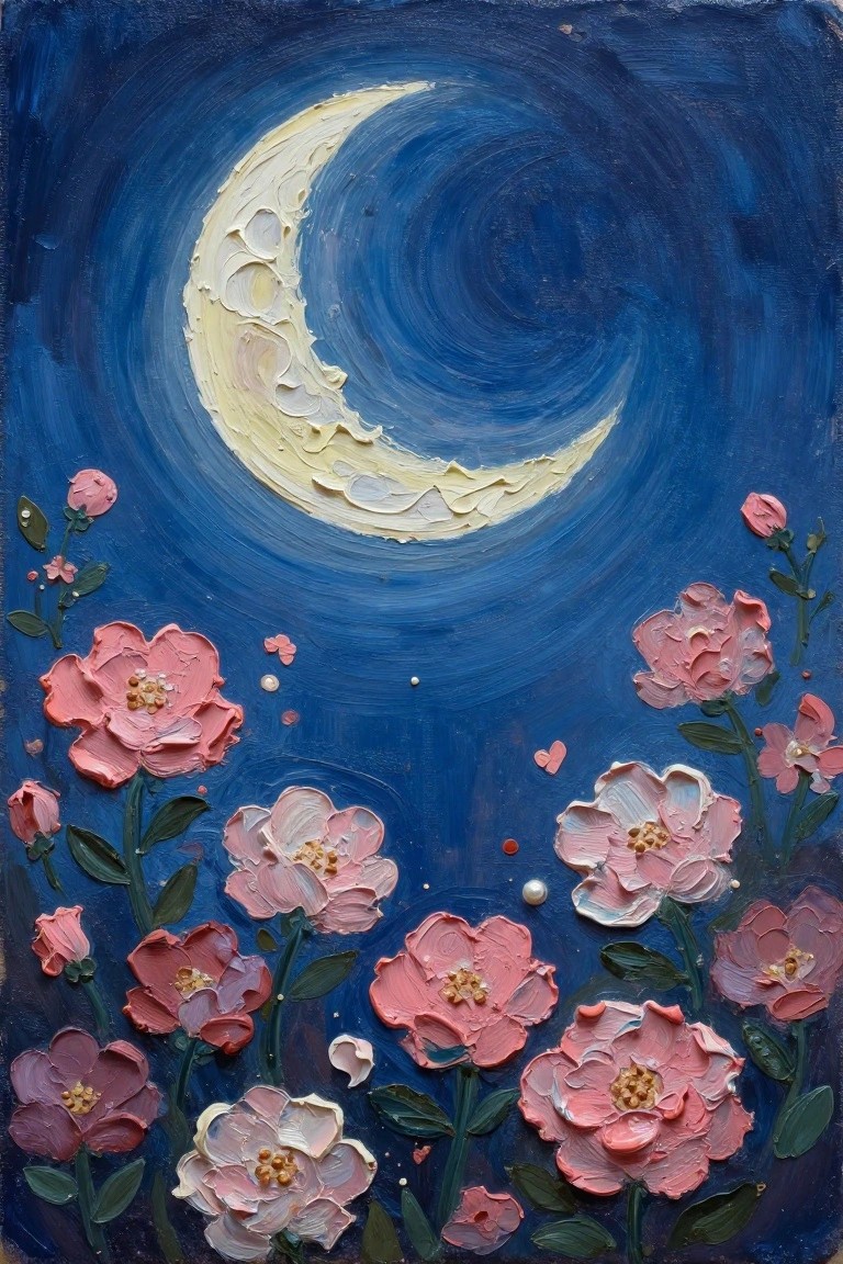 Textured painting of pink flowers under swirling blue sky with yellow crescent moon.