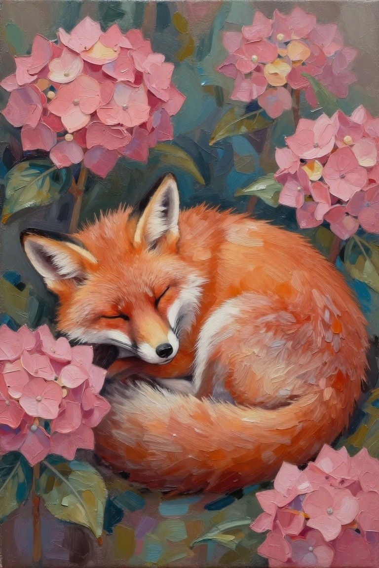 Sleeping red fox curled among pink hydrangeas in vibrant oil painting.