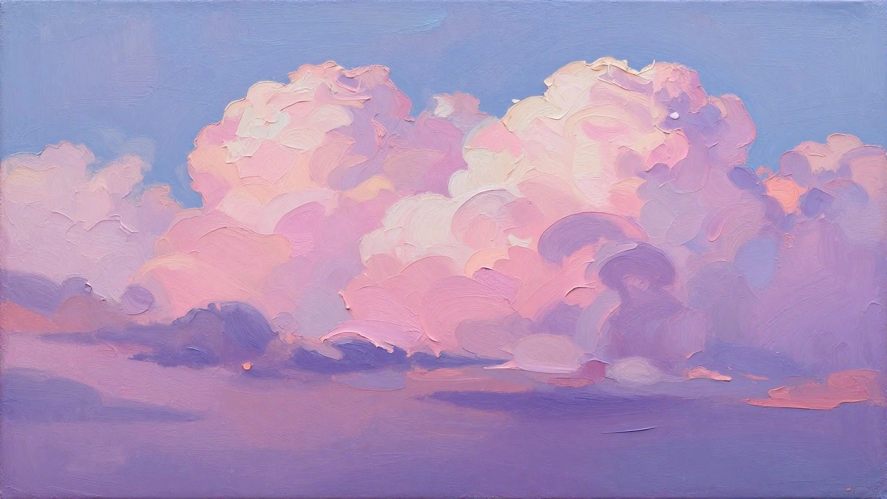 Impasto painting of fluffy pink and purple clouds against a lavender sky.