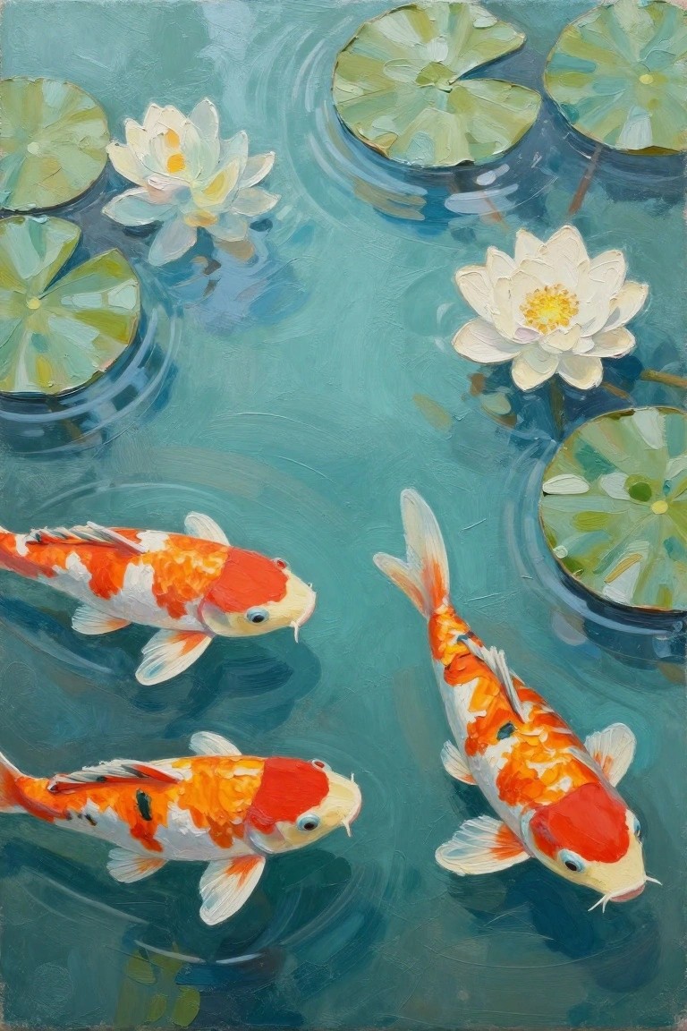 Three koi fish swim among lily pads and white lotus flowers in a teal pond.