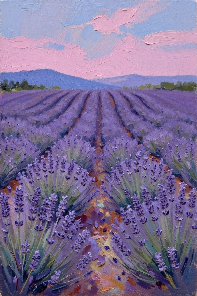 Textured painting of lavender rows along a path under a pink-blue sky.
