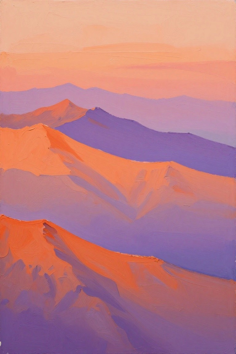 Vibrant layered mountains in bold strokes of orange, purple, and pink