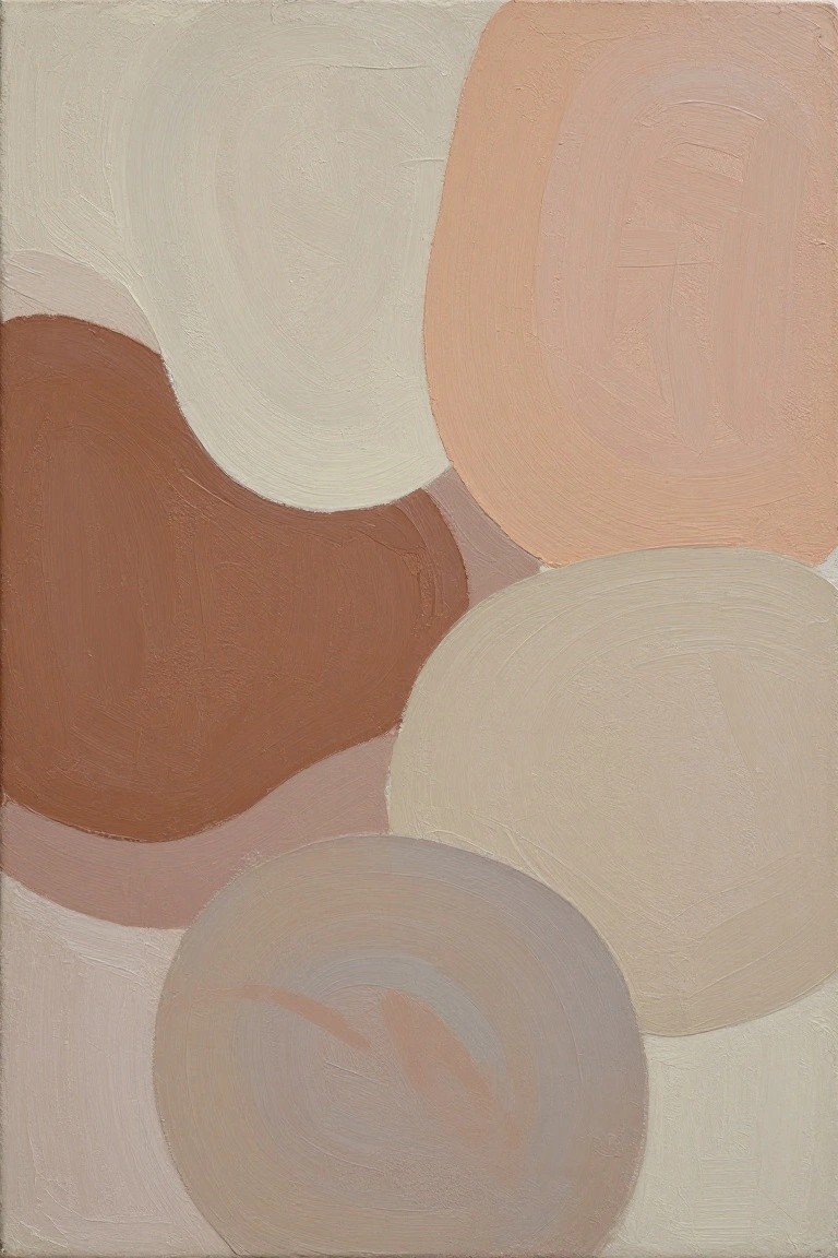Abstract painting of overlapping rounded shapes in muted earth tones.