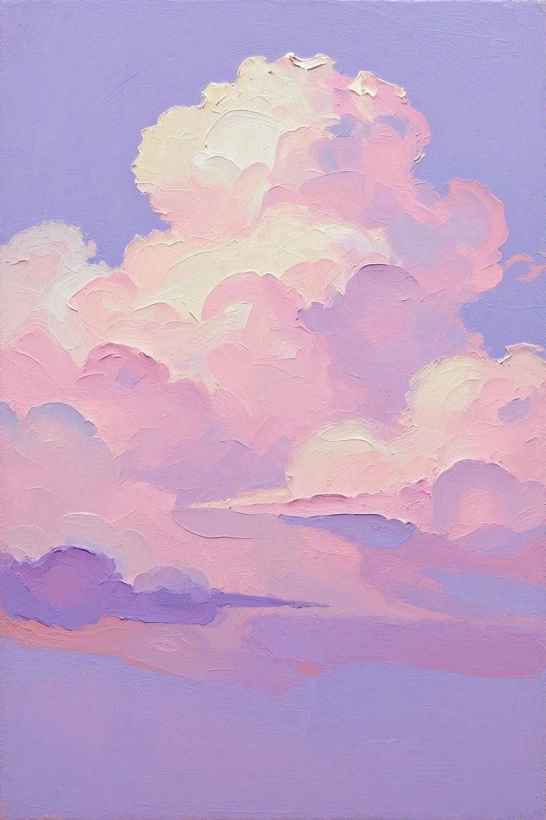 Impasto painting of fluffy pink and purple clouds against a lavender sky.