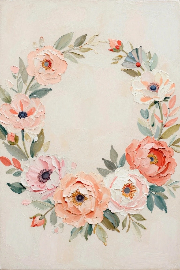 Pastel pink peach floral wreath with green leaves in impasto oil paint style