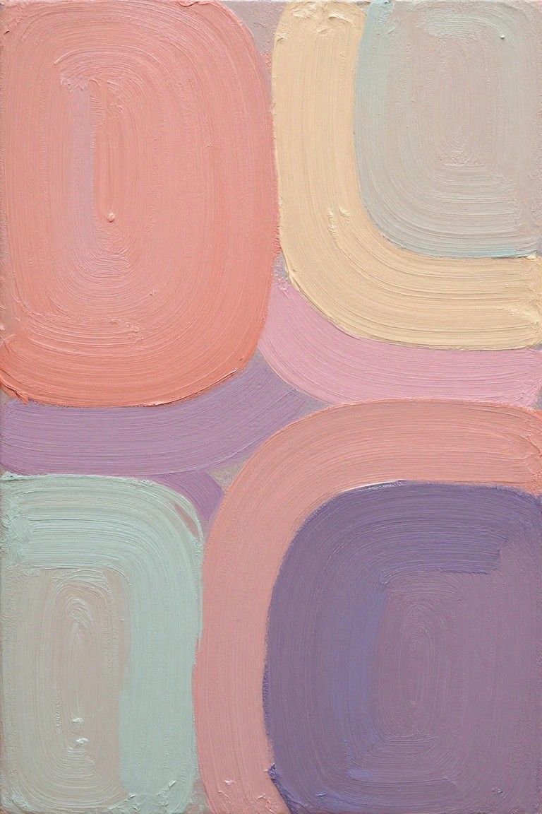 Abstract painting of overlapping curved shapes in soft pink, purple, and green tones.