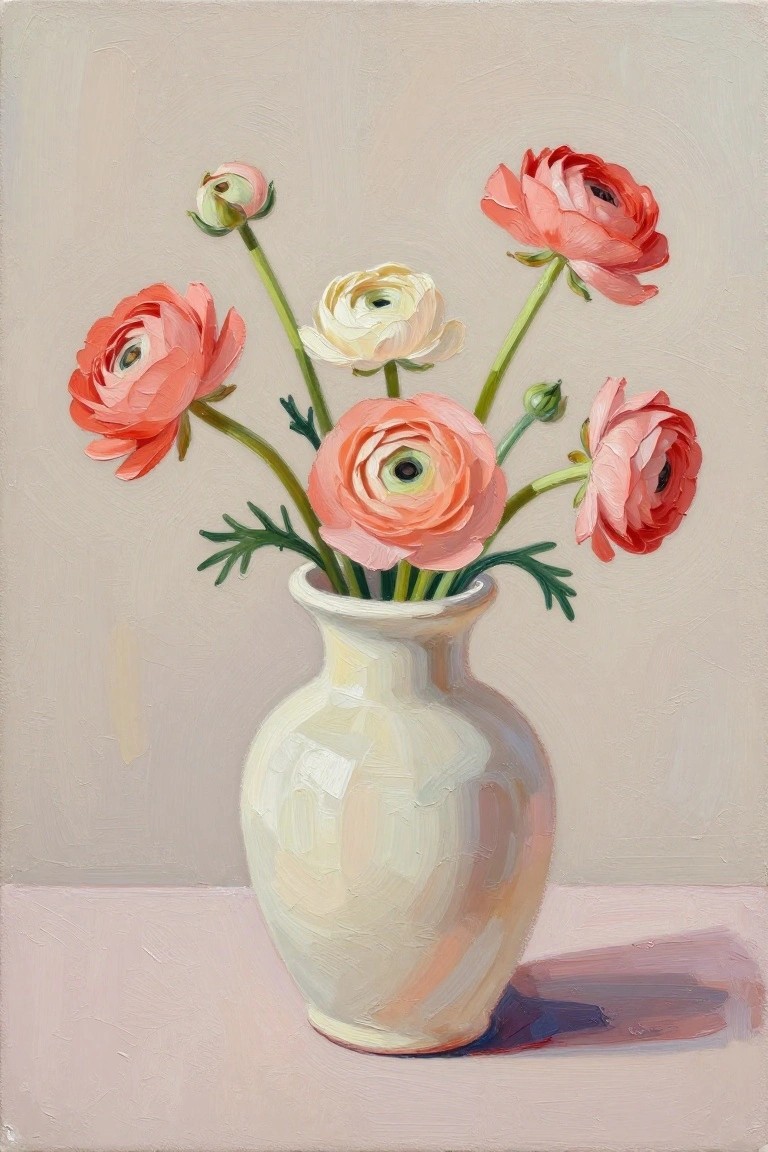 Pink and white ranunculus flowers in a white vase on neutral background