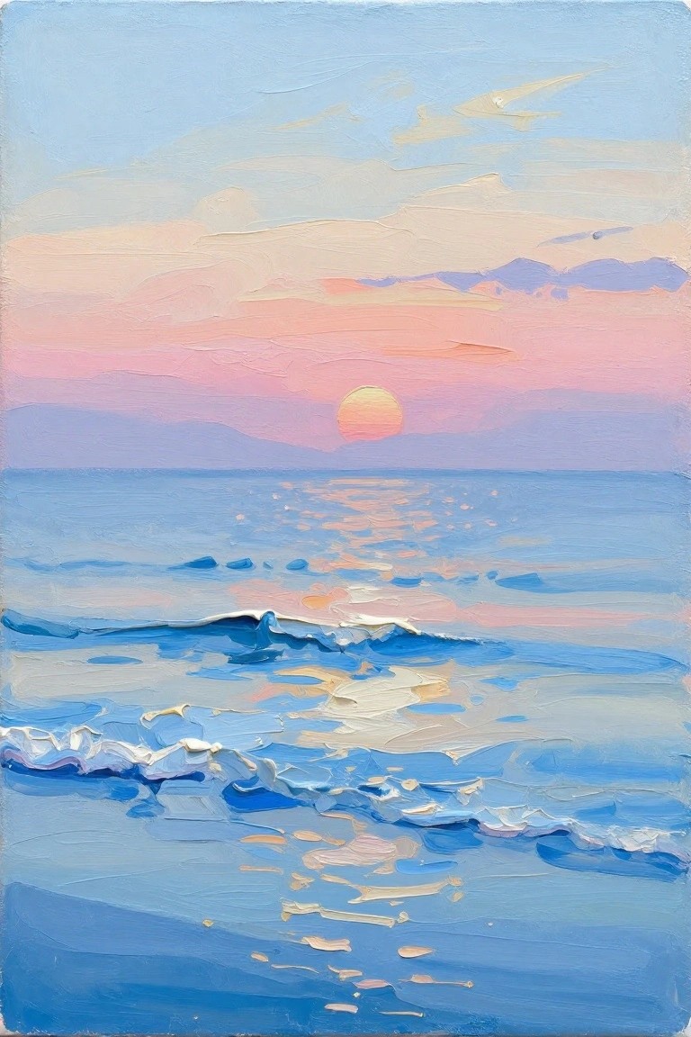 Oil painting of sunset over ocean waves with pink sky and reflections
