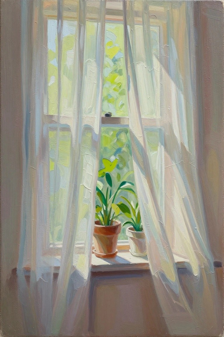 Sunlit window with sheer curtains and potted plants on the sill
