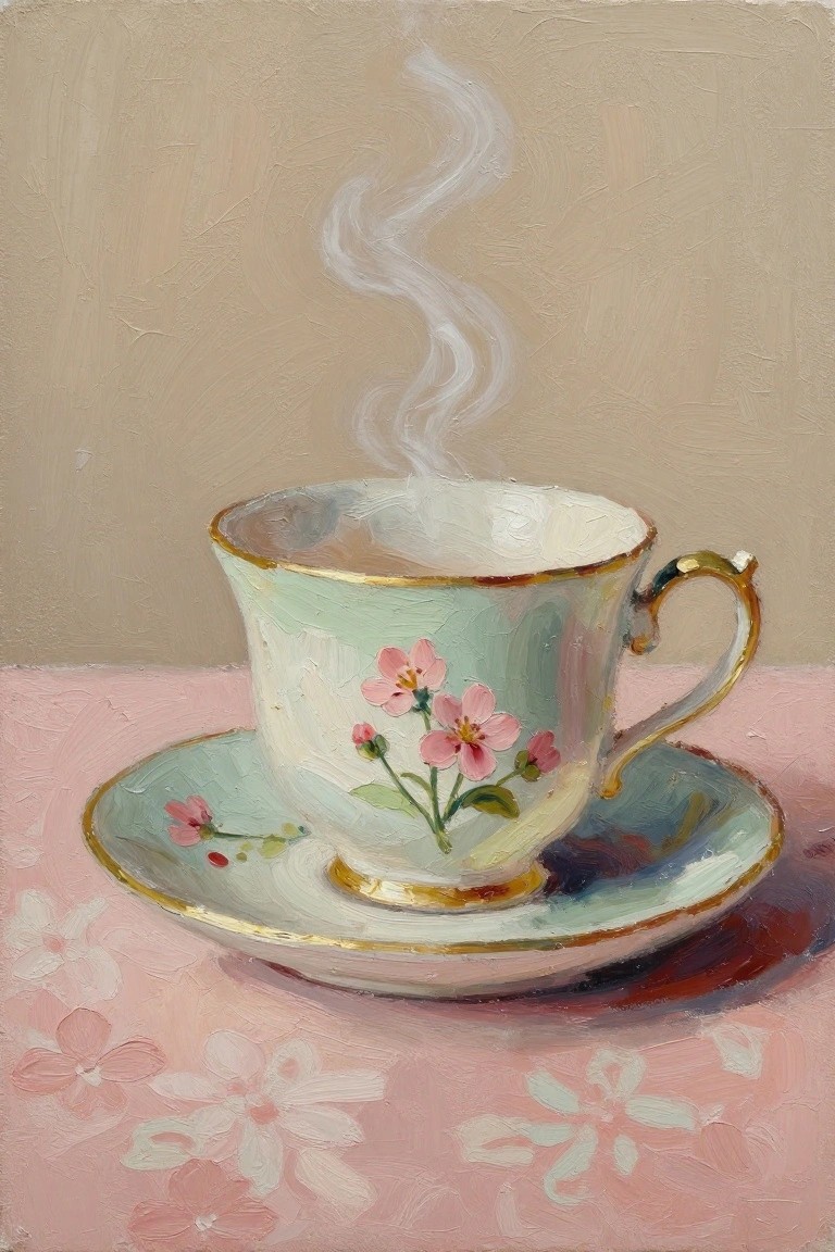 Steaming floral teacup with gold rim on saucer atop pink patterned cloth