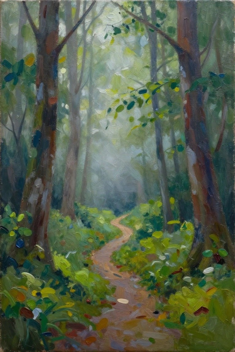 Winding forest path through misty trees with lush green foliage and dappled light.