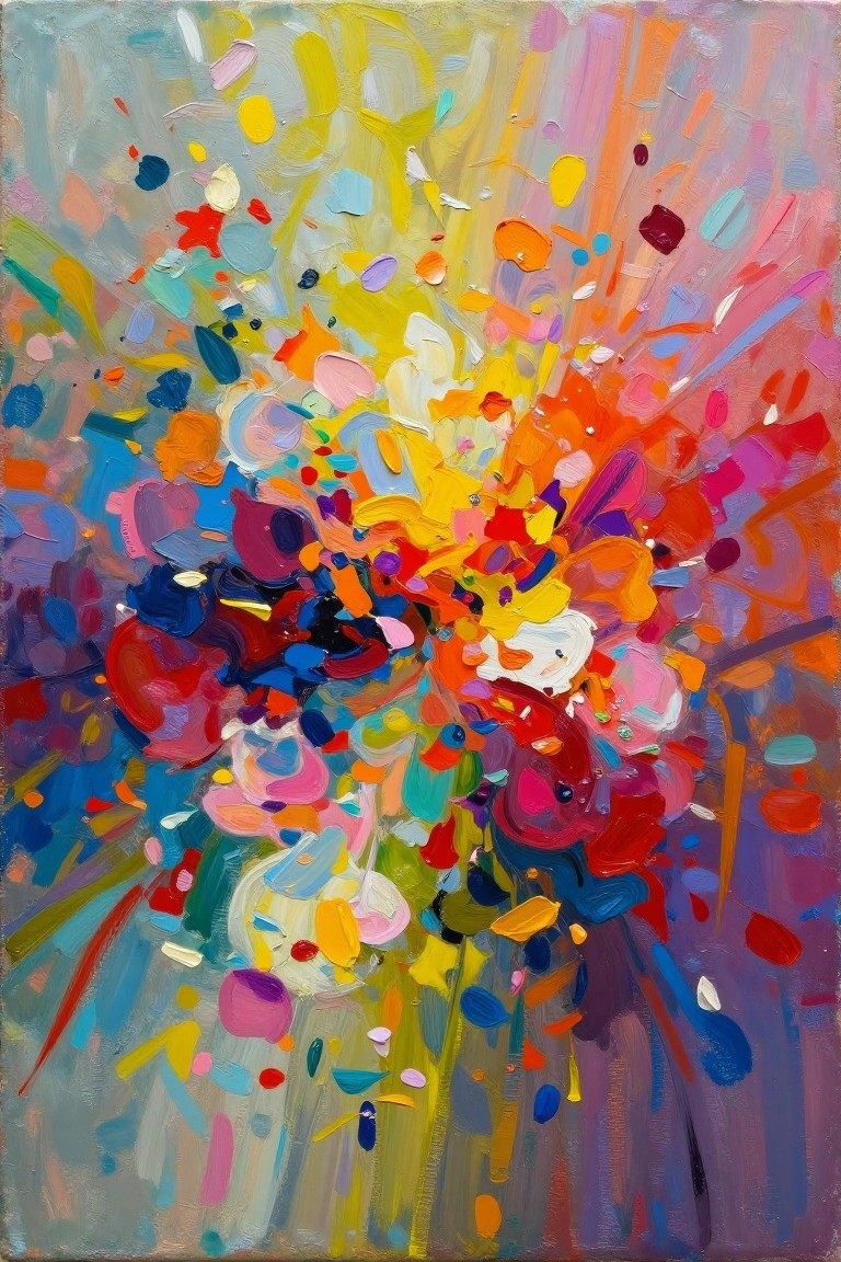 Vibrant abstract painting of exploding colorful flowers with bold brushstrokes
