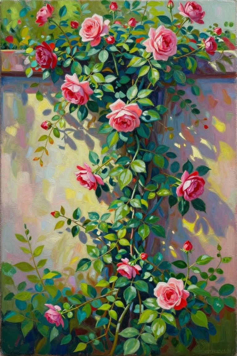 Vibrant pink roses climbing a sunlit wall with lush green leaves and shadows